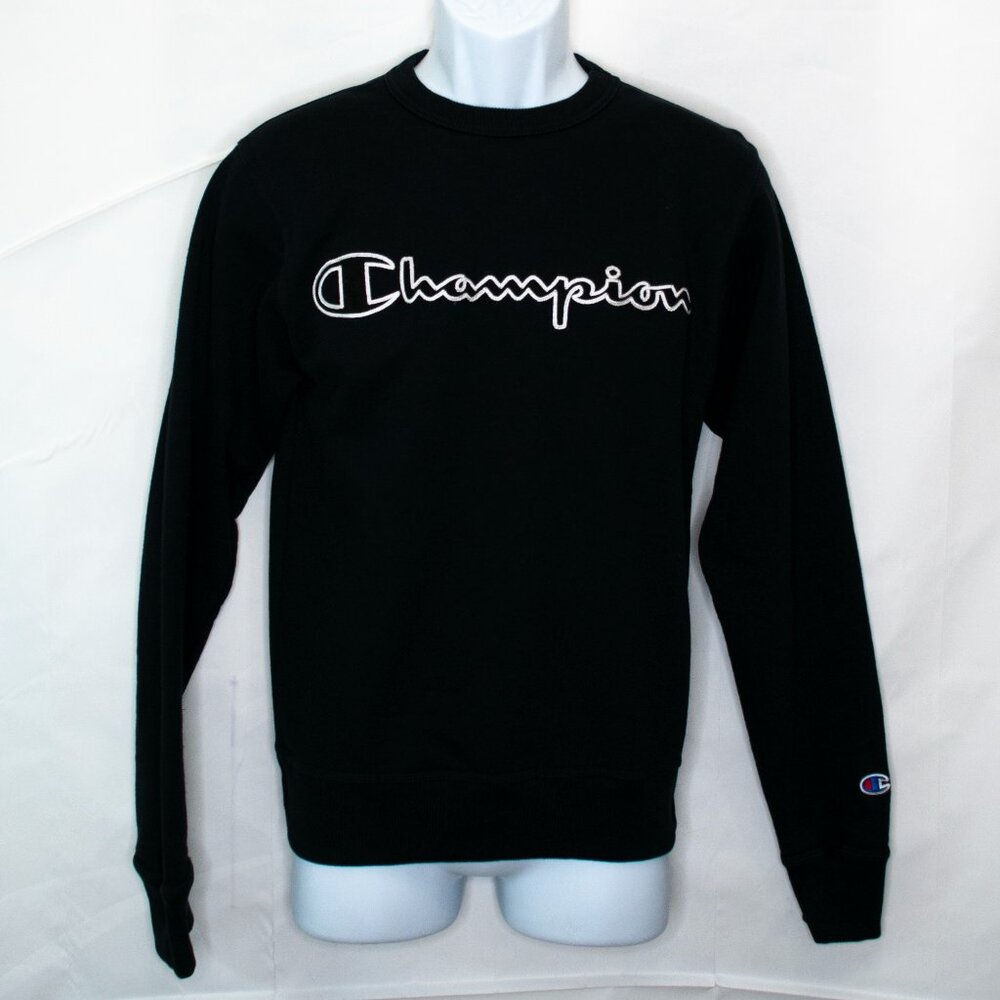 Champion Embroidered Logo Sweatshirt Mens XS Black Crewneck Spell Out Gym V15